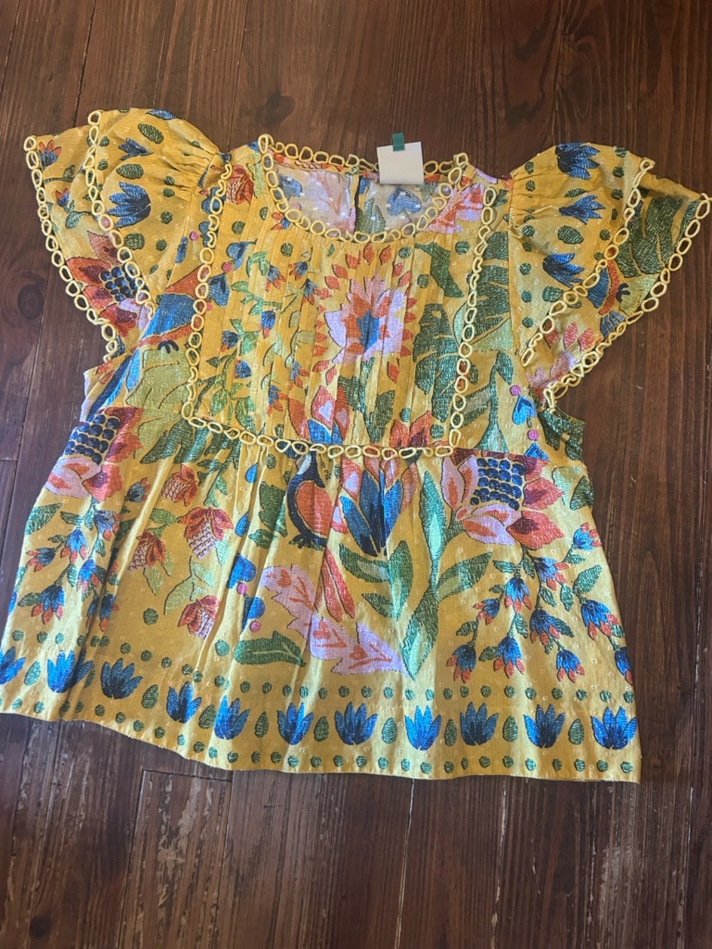 Farm Rio Summer Garden Yellow Blouse Sz S 100% Cotton Dotted Swiss Tropical